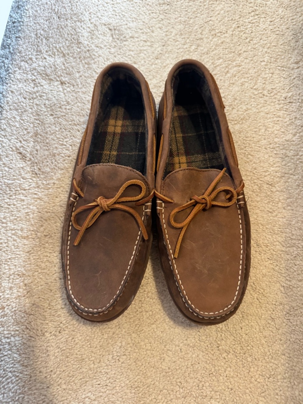 L.L. Bean Brown Suede Moccasin Slip-On Loafers with Plaid Lining